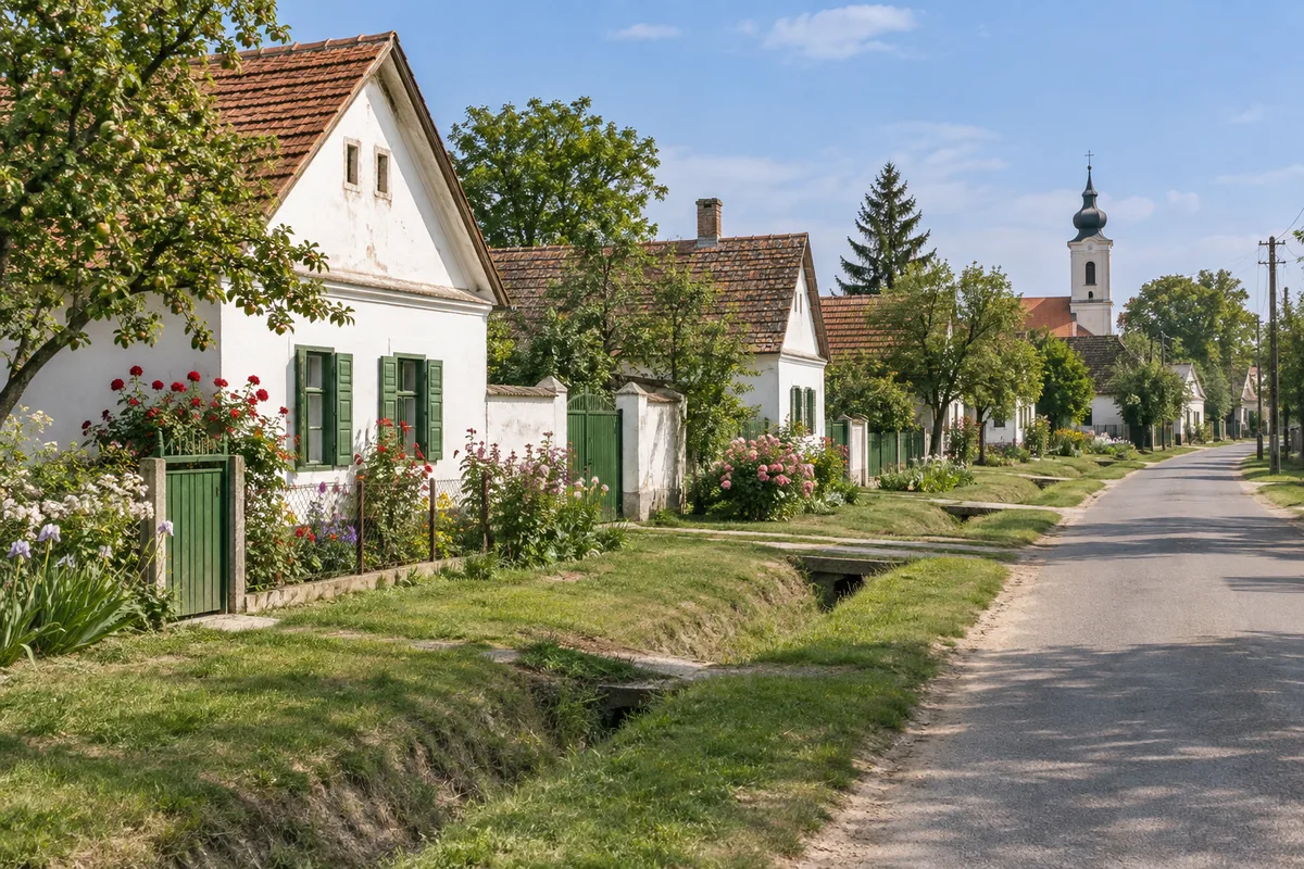 Illustratives donauschwäbisches Dorf mit traditionellen Häusern und Gärten